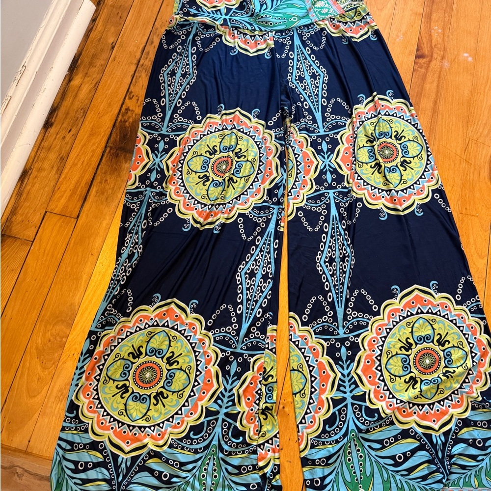 Boho Mandala Print Wide Leg Palazzo Pants - Navy & Multi - Picture 2 of 5